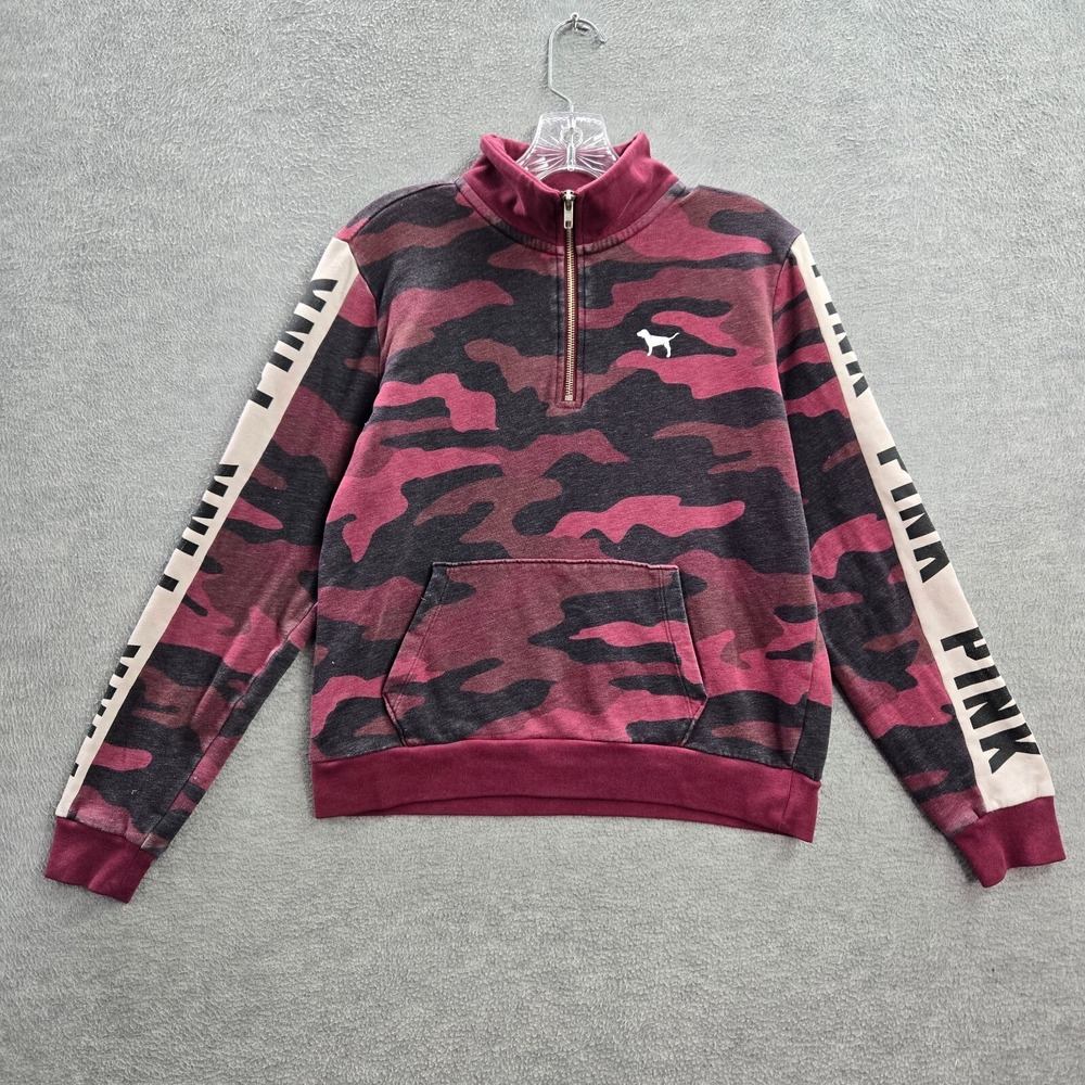 Victoria Secret PINK Women Sweatshirt Medium Red Camo 1/4 Zip Crop